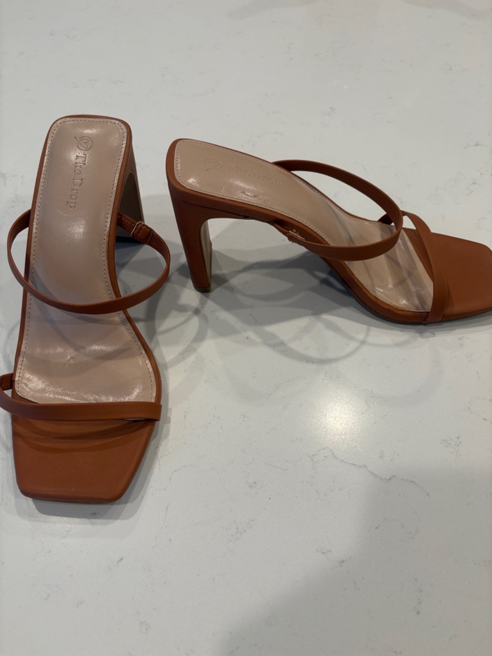 Minimal Square-Toe Heeled Sandals in Cognac Brown